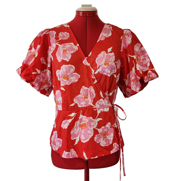 OLD NAVY Red Floral Wrap Blouse Puffy Sleeves Size L - Picture 1 of 6